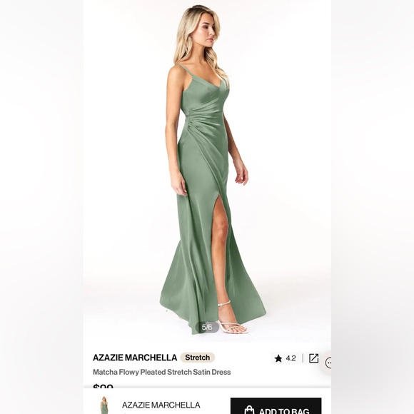 AZAZIE MARCHELLA Bridesmaid Dress Matcha Flowy Pleated Stretch Satin Dress - Picture 7 of 7